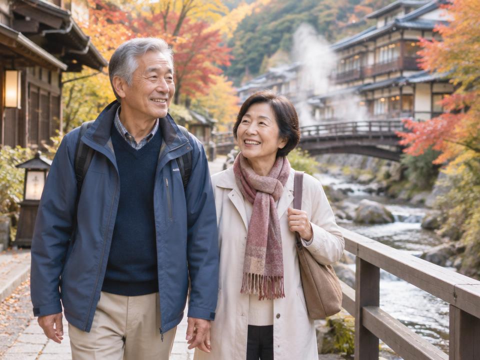 温泉街を散策するご夫婦